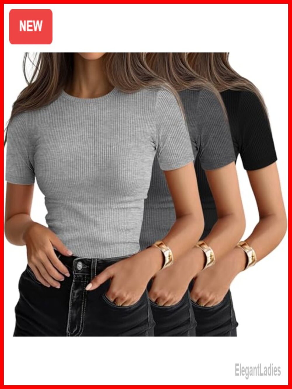 Ficerd 3 Pack Women's Ribbed Short Sleeve Crew Neck Slim Fit T-Shirts